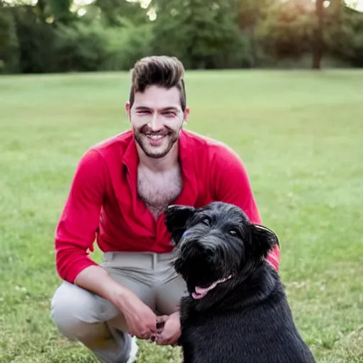 Image similar to the most chad man in the world with his dog, portrait photography