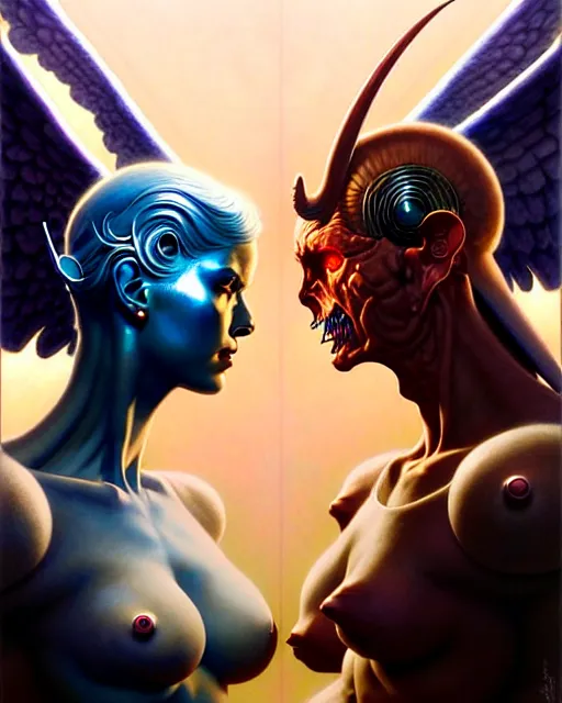 Image similar to a portrait of gemini angel and devil fantasy character portrait facing each other, ultra realistic, wide angle, intricate details, the fifth element artifacts, highly detailed by peter mohrbacher, hajime sorayama, wayne barlowe, boris vallejo, aaron horkey, gaston bussiere, craig mullins