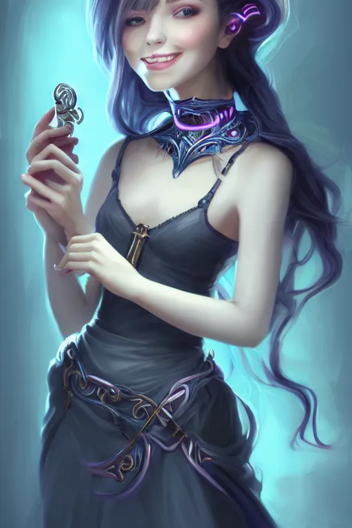 Image similar to portrait of a gorgeous young female artificer holding a strange device, looking at camera, D&D, choker on neck, stylish dress, mouth slightly open, cute slightly nerdy smile, very long flowing hair, intricate, elegant, stylish, fantasy, extremely detailed, digital painting, artstation, concept art, smooth, sharp focus, illustration, stunning lighting, art by artgerm and greg rutkowski and alphonse mucha and simon stalenhag