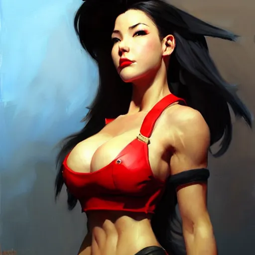 Image similar to Greg Manchess portrait painting o Tifa Lockheart as Overwatch character, medium shot, asymmetrical, profile picture, Organic Painting, sunny day, Matte Painting, bold shapes, hard edges, street art, trending on artstation, by Huang Guangjian and Gil Elvgren and Sachin Teng