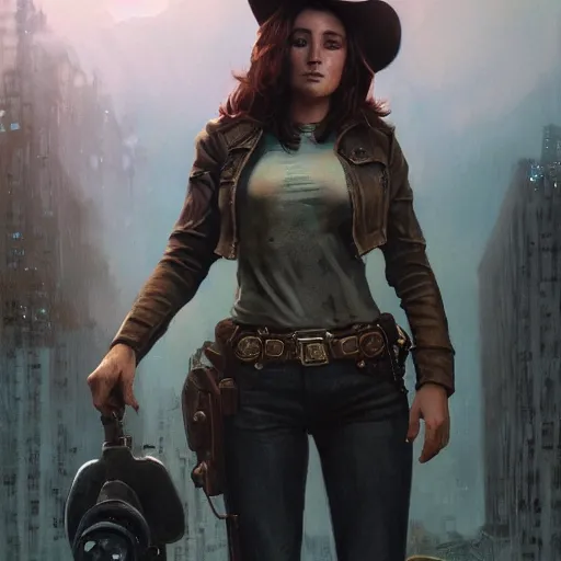 Image similar to fallout 5, charismatic beautiful, rugged, brunette female protagonist wearing a cowboy - hat, portrait, outdoors ruined cityscape, atmospheric lighting, painted, intricate, volumetric lighting, beautiful, spring, sharp focus, deep colours, ultra detailed, by leesha hannigan, ross tran, thierry doizon, kai carpenter, ignacio fernandez rios