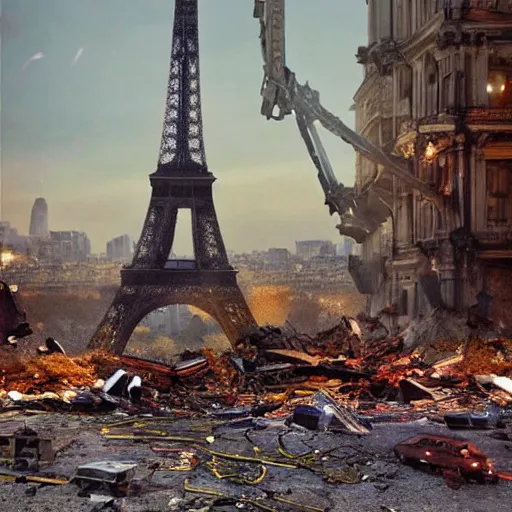 Image similar to A beautiful intricate 8K award-winning ground-level cinematic movie photograph of the future rusting rubble of the fallen and decimated Eiffel Tower, lying in pieces on the ground, surrounded by neon and collapsing corporate video billboard displays. in the year 2050, by Bruno Delbonnel and greg rutkowski. octane render, Arri Alexa 65. Cinematic lighting