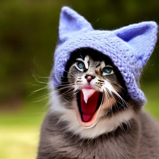 Image similar to cute cat photo licking tongue sticking out, wearing wool hat cat ears