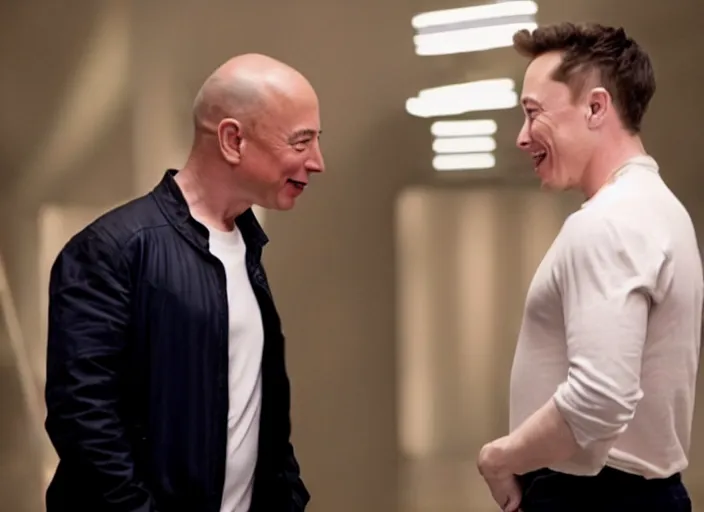 Prompt: film still of elon musk and jeff bezos falling in love in the new romantic comedy, 4 k