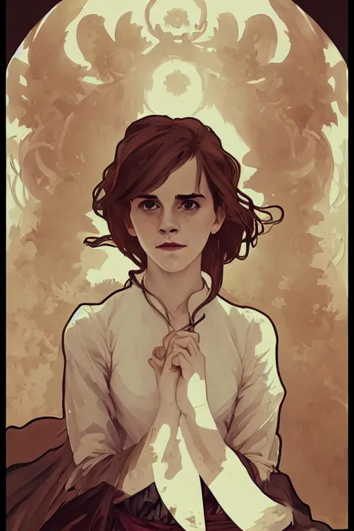 Image similar to Poster artwork, Emma Watson as Hermione Granger, medium shot, details, sharp focus, illustration, by Jordan Grimmer and Alphonse Mucha and greg rutkowski and PiNe(パイネ) and 薯子Imoko and 香川悠作 and maya takamura, intricate, beautiful, Trending artstation, pixiv, digital Art