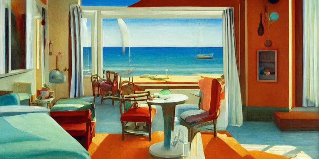 Image similar to rooms by the sea by edward hooper, colorful, hyper realistic