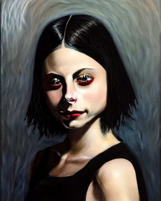 Prompt: style of jeremy lipking : : gorgeous willa holland : : evil witch, swirling black magic, black dress : : symmetrical face, symmetrical eyes : : full body pose : : gorgeous black hair : : magic lighting, low spacial lighting : :