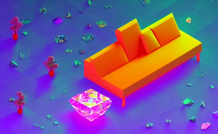 Image similar to isometric low poly isometric crystal plant sofa with alien aesthetic inspired by pandora in the avatar movie, it has bioluminescent plants growing on top of it, beautiful neon orange - yellow with blue hints and it's bedecked with some sparkling crystals all over the place. black background, night isometric artstation neon. behance, pinterest