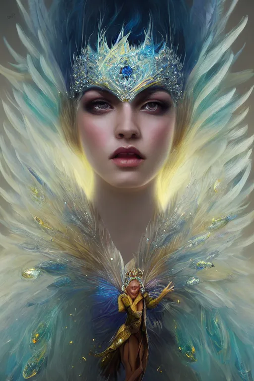 Image similar to beautiful princess with face covered with blue diamond crystals jewels wearing frost feathers, diamonds, angel, fantasy, yellow background beam, dramatic lighting, highly detailed, digital painting, magic the gathering, 3 d render, hyper realistic detailed portrait, peter mohrbacher, wlop, ruan jia