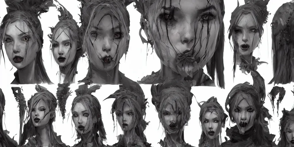 Prompt: gothic female character face detail designs, Kim Jung Gi, Greg Rutkowski, character sheet, Darek Zabrocki, Karlkka, Jayison Devadas, Phuoc Quan, trending on Artstation, 8K, ultra wide angle, pincushion lens effect