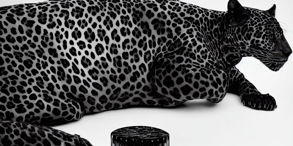 Image similar to the smooth black jaguar, made of ferrofluid, laying on the couch in the living room after bathing in the ferrofluid. photography, dslr, rimlight, wrinkles, reflections, black goo