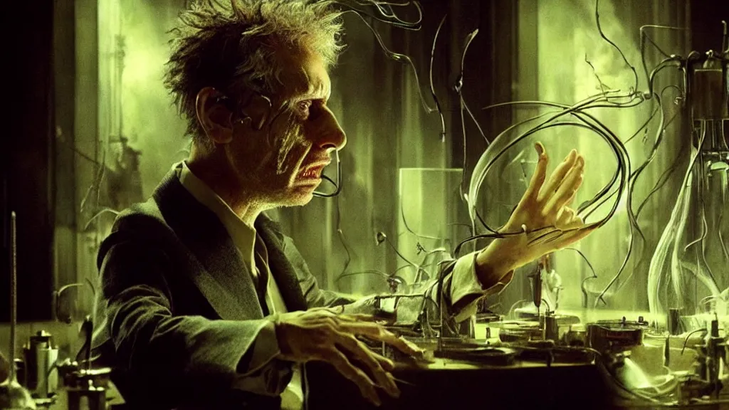 Prompt: a mad scientist creates a creature, film still from the movie directed by denis villeneuve and david cronenberg with art direction by salvador dali and karol bak, wide lens