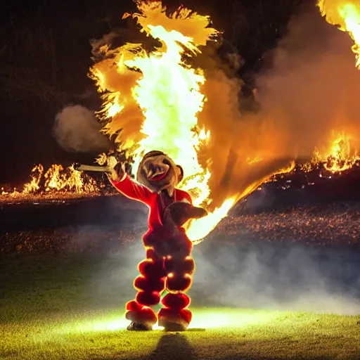 Prompt: photo of a clown using a flamethrower projecting a long bright flame towards a fire, award-winning, highly-detailed, 8K