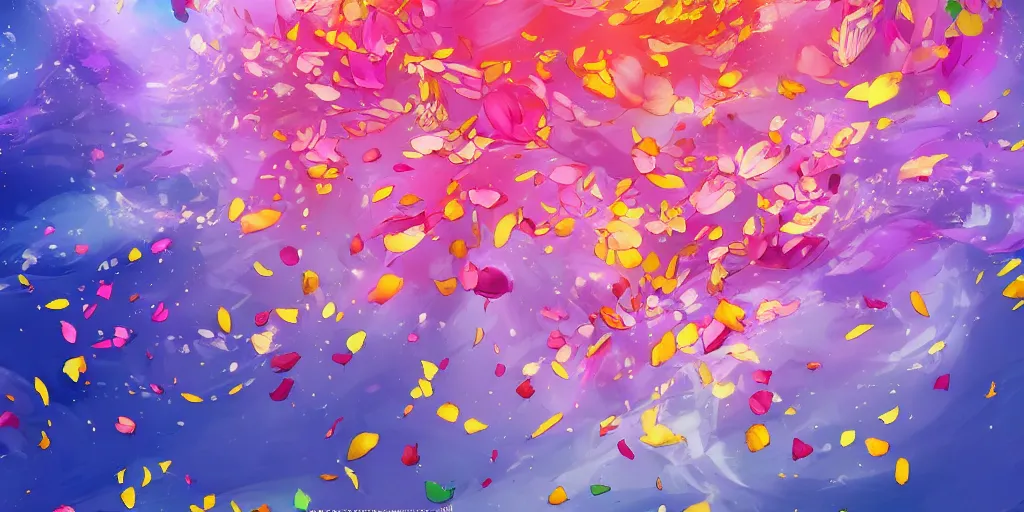 Image similar to background art of spaciously scattered multi colored flower petals flowing through the air from left to right on a clean background, anime, artgerm, manga, trending on artstation, art nouveau