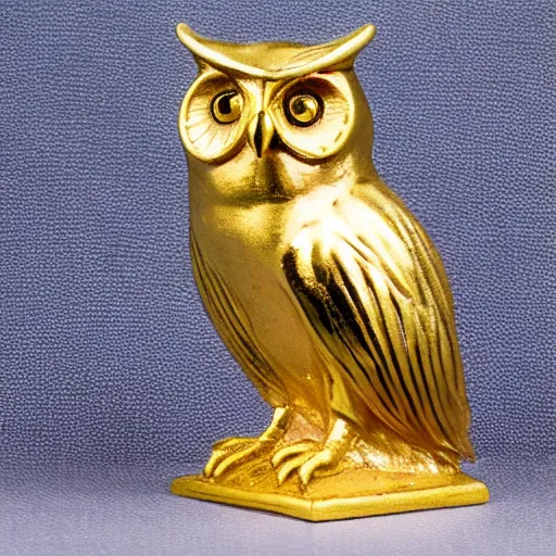 Prompt: A golden statuette of an owl. White Background.