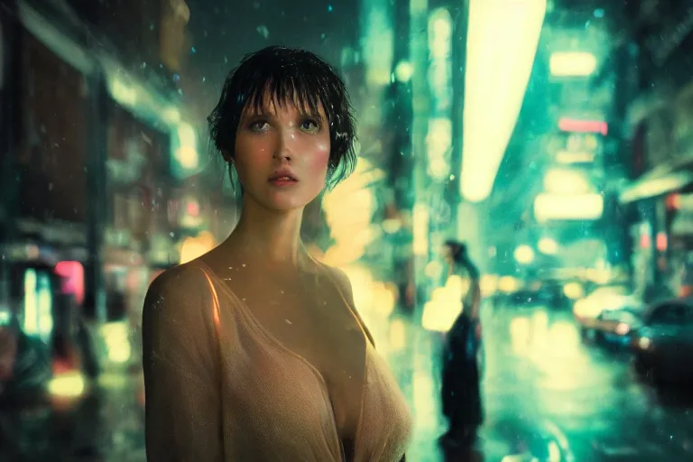 Image similar to VFX movie portrait closeup beautiful blade runner hologram woman natural skin, natural night street lighting in the city alley by Emmanuel Lubezki