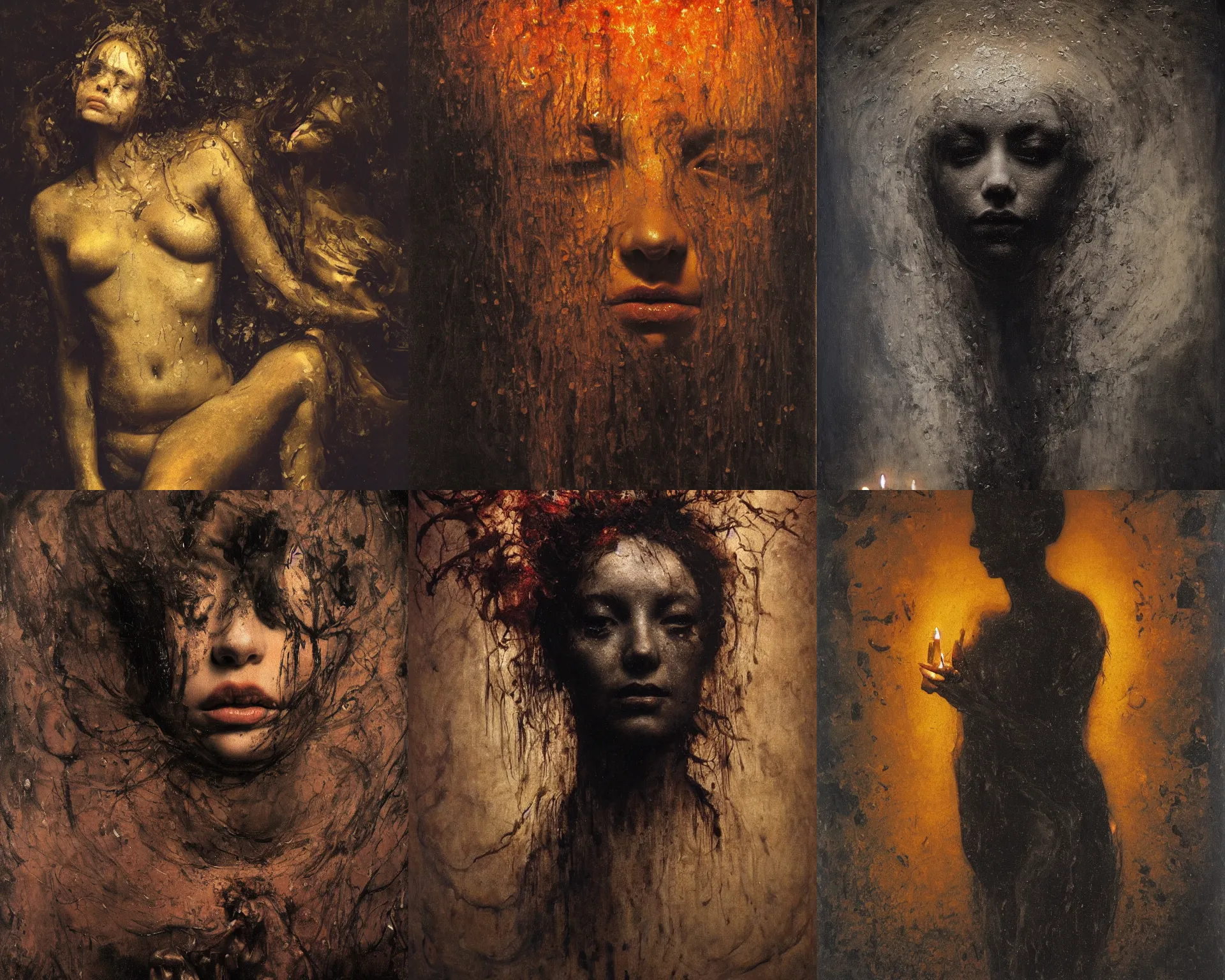 Prompt: The portrait of beautiful women melted like wax with many candles by Nicola Samori, Ilya Repin, William Blake, Michelangelo da Caravaggio and Beksinski, black background, highly detailed oil painting, trending on artstation, dramatic volumetric lighting, fantasy character, 4k, masterpiece