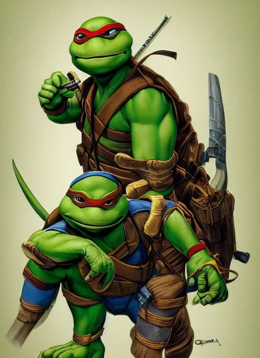 Image similar to portrait of Teenage Mutant Ninja Turtle in Society (1989), highly detailed, centered, solid color background, digital painting, artstation, concept art, smooth, sharp focus, illustration, artgerm, donato giancola, Joseph Christian Leyendecker, Les Edwards, Ed Repka, WLOP, Artgerm