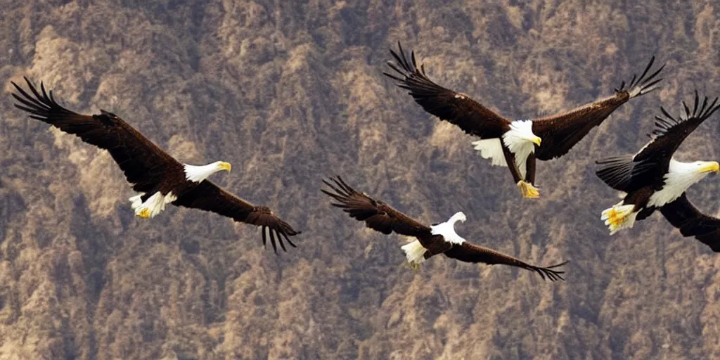 Prompt: majestic eagles flying over a hotel california,