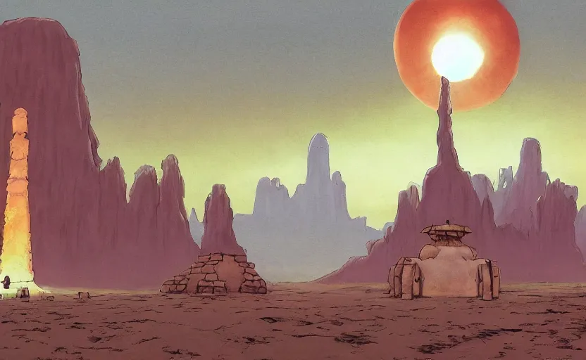 Image similar to a cell - shaded studio ghibli concept art from paprika ( 2 0 0 6 ) of a ufo with lights from close encounters of the third kind ( 1 9 7 7 ) sitting on top of a lush temple that looks like monument valley stonehenge jungle. a giant camel is in the foreground. very dull colors, hd, 4 k, hq