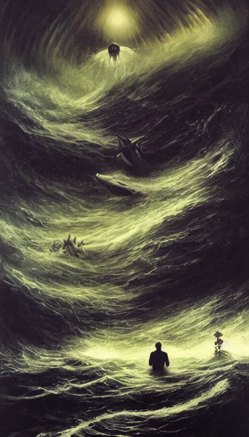 Image similar to man on boat crossing a body of water in hell with creatures in the water, sea of souls, by david a. hardy