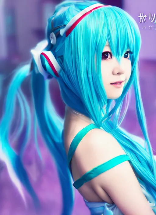 Image similar to Cute beautiful Asian cosplay girl with long blue hair and tempting eyes cosplaing Hatsune miku, full length shot, shining, 8k, HQ, sharp focus, IMAX quality, illustration, by Ilya kuvshinov