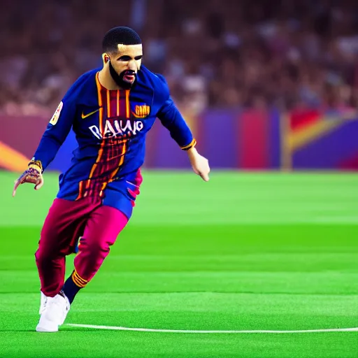 Prompt: Drake performing on stage at the Camp Nou