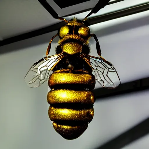 Image similar to cybernetic bees made of metal, mechanical, shiny