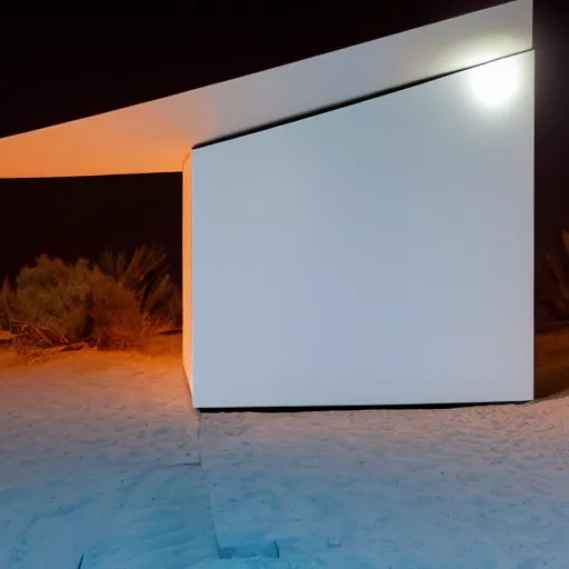 Prompt: optical illusion architecture in the desert at night, open space architecture, minimalistic architecture, neon light, james turrel,