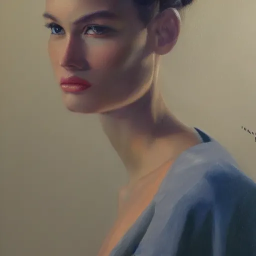 Prompt: a vogue model, oil painting, pale colors, high detail, 8 k, wide angle, trending on artstation,