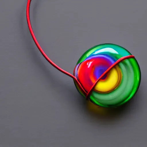 Prompt: a multicolored glass pendant on a string on the ground, an abstract sculpture by elizabeth murray, reddit contest winner, cloisonnism, creative commons attribution, adafruit, vibrant colors