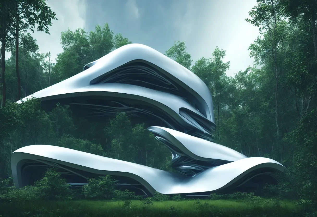 Image similar to futuristic building by zaha hadid hidden in the forest, cinematic, 8 k resolution, unreal engine, photorealistic, octane render