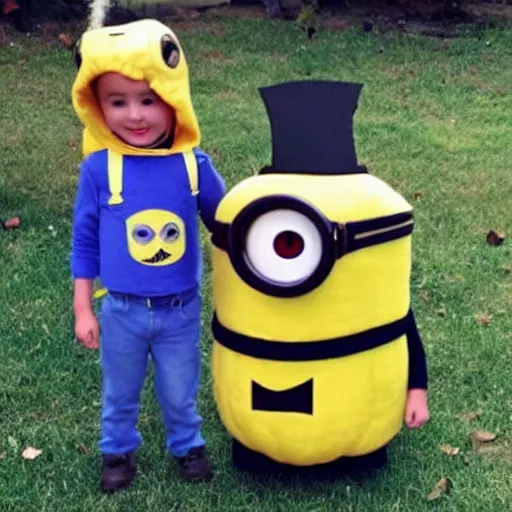 Prompt: a disposable camera photo of a kid dressed up as a minion for halloween