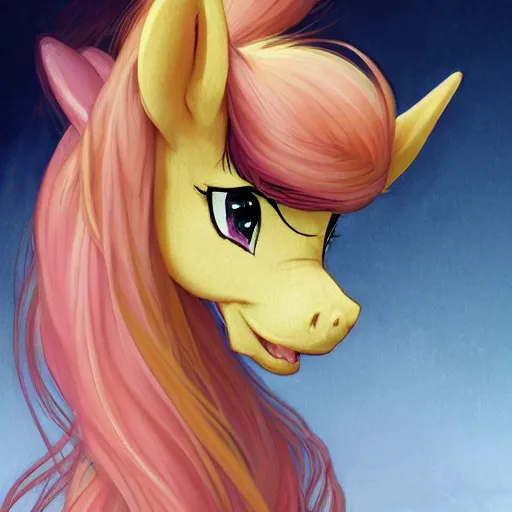 Image similar to portrait of a menacing beautiful Fluttershy, pegasus mare, short muzzle, top half of body, My Little Pony, by Stanley Artgerm Lau , greg rutkowski, thomas kindkade, alphonse mucha, loish, norman rockwell, J. C. Leyendecker. bright pink mane, yellow fur, angry complexion, beautiful detailed eyes, black rose frame. D&D, fantasy. Trending on artstation rule of thirds extremely detailed old illustration hd 4k