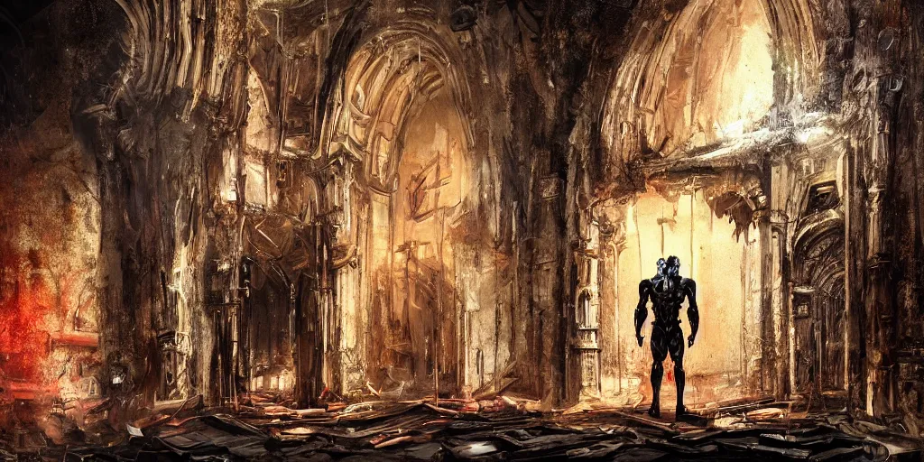 Prompt: gloomy painting of muscular cyborg in biopunk costume standing in doors inside ruined catholic cathedral interiors with walls painted in khokhloma style, gold, red and black, wide angle, 24mm, 8k resolution, detailed, realistic, digital art, very beautiful, award winning, matte painting