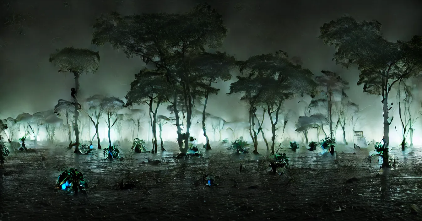 Prompt: realistic photo of wide battleground landscape, with army of monstrous insects fighting hardly futuristic human army, night, heavy rain, reflections, raytracing, raymarching, scattering, subsurface, full of reflections, volumetric fog light, dark and dramatic composition, deep depth, defocus, rendered in vray, raytracing, raymarching