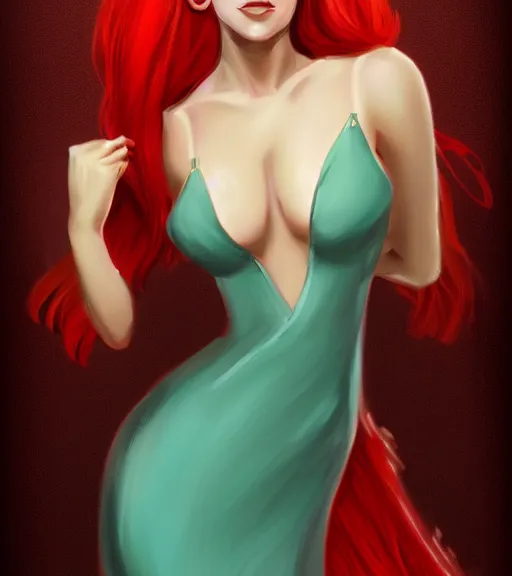 Image similar to a woman wearing a wide dress, full body shot, red hair, highly detailed, digital painting, artstation, concept art, smooth, sharp focus, illustration