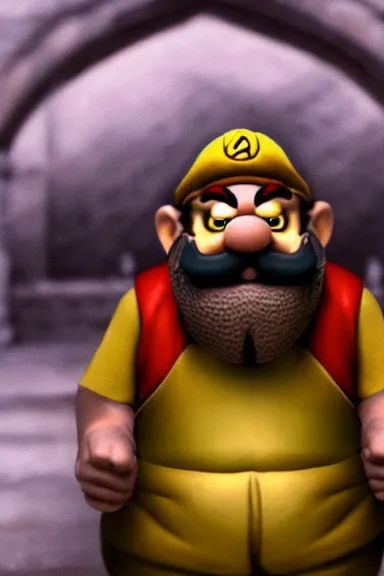 Image similar to very very intricate photorealistic photo of wario wearing his hat in an episode of game of thrones, photo is in focus with detailed atmospheric lighting, award - winning details