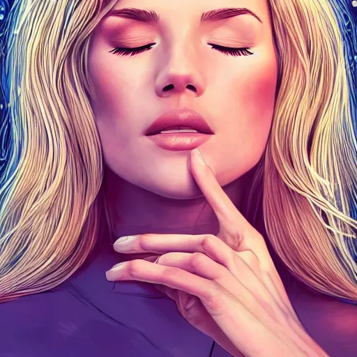 Image similar to a very beautiful blonde woman with her head leaning backwards, god ray across her face, eyes closed, front shot, close - up, hyper detailed, high contrast, bokeh background, realistic, digital art by magali villeneuve and artgerm, sharp focus 4 k