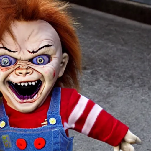 Image similar to chucky doll screaming!!!! at ice cream on the ground