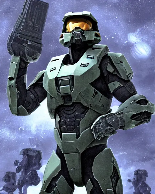 Image similar to jeff goldblum in a halo spartan suit, medium shot, video game digital art
