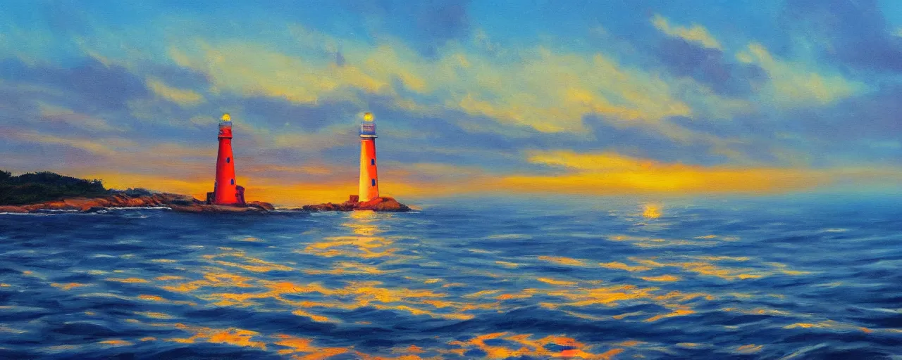 Prompt: A painting of a lighthouse by the ocean at sunset