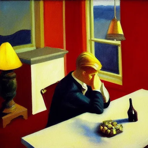 Image similar to a detailed painting, blonde man at a dinner table alone, dramatic lighting, edward hopper,