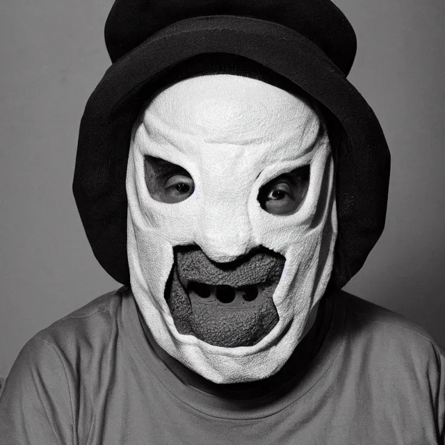 Image similar to a close-up black-and-white studio portrait of Roberto Bolaños Chaves El Chavo del Ocho wearing the MF Doom mask. Madvillain album cover