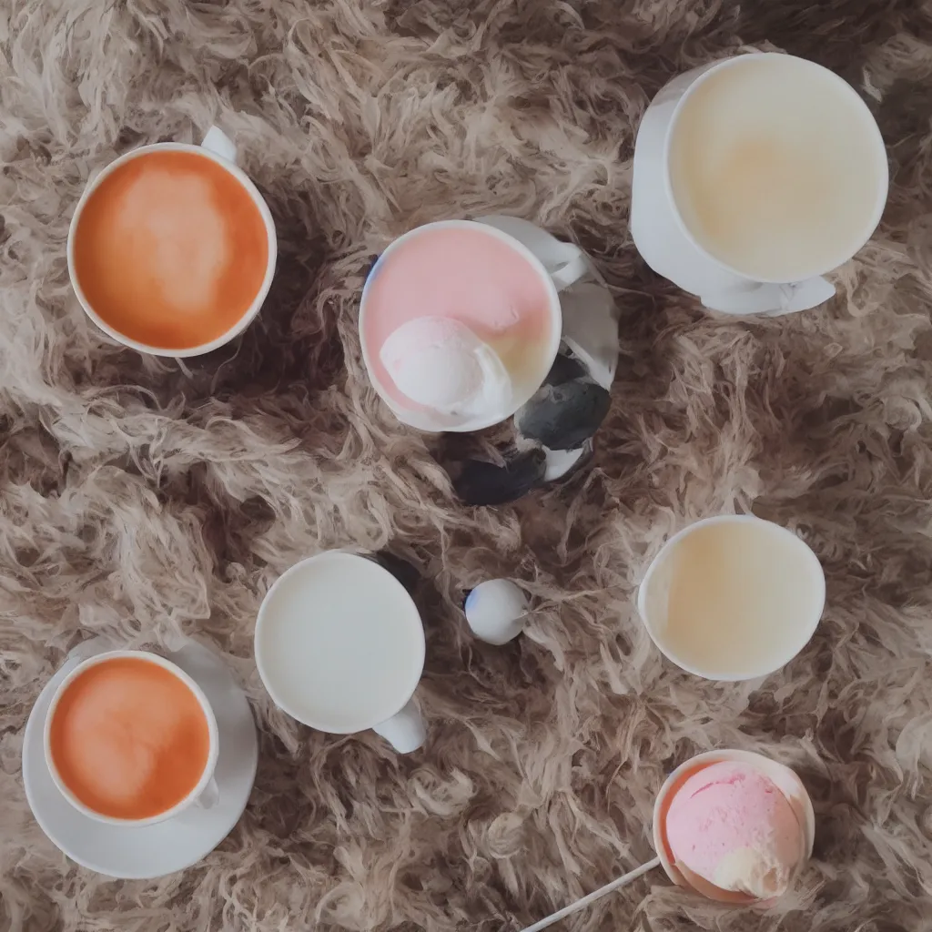 Prompt: colored milk tea, ice cream, trending on studio ghibli, dreamy, soft, global illumination, radiant light, intricate environment, luminescence, highly detailed, 8 k