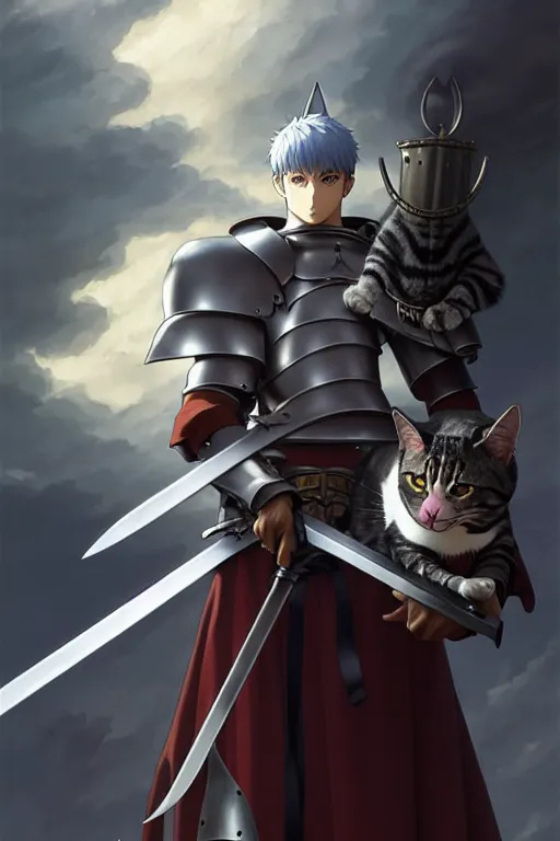 Image similar to a full body of the knight with a cat on his head holding berserk's great sword, finely detailed features, closeup at the faces, perfect art, gapmoe yandere grimdark, trending on pixiv fanbox, painted by miura kentaro greg rutkowski makoto shinkai takashi takeuchi studio ghibli, akihiko yoshida