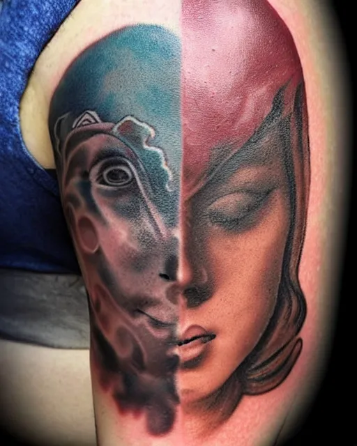 Image similar to planets emerge from the top of a broken renaissance head statue, tattoo design, hyper - realistic, in the style of tony santos