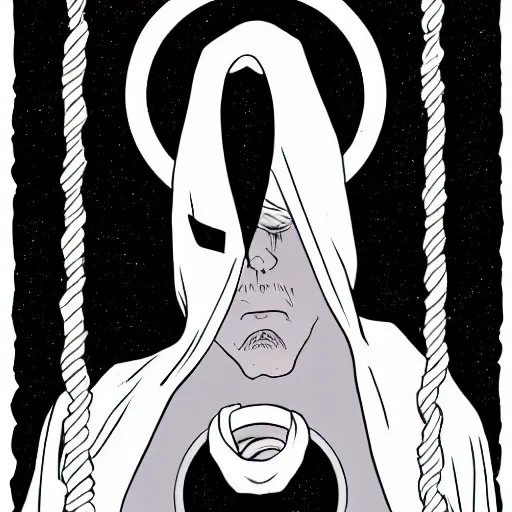 Image similar to white cloaked superhero with a white full ghost mask no mouth and huge black hole - eyes, and a noose knot around his neck hyperdetailed comic book illustration