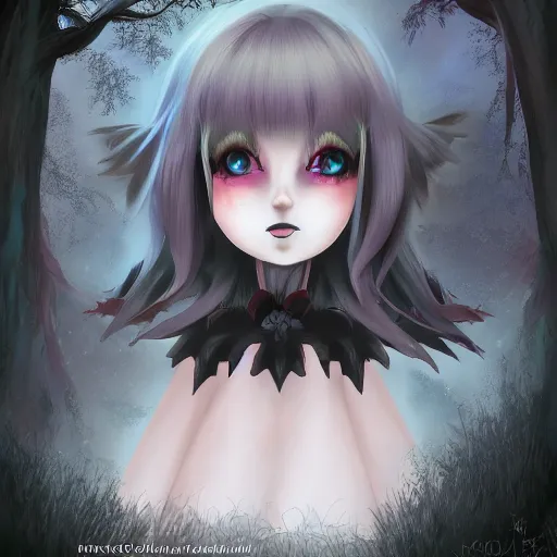 Image similar to portrait of darkness witch as an anime girl, dark forest background, inspired by Tim Burton, digital painting, unreal engine render, volumetric light, high détail