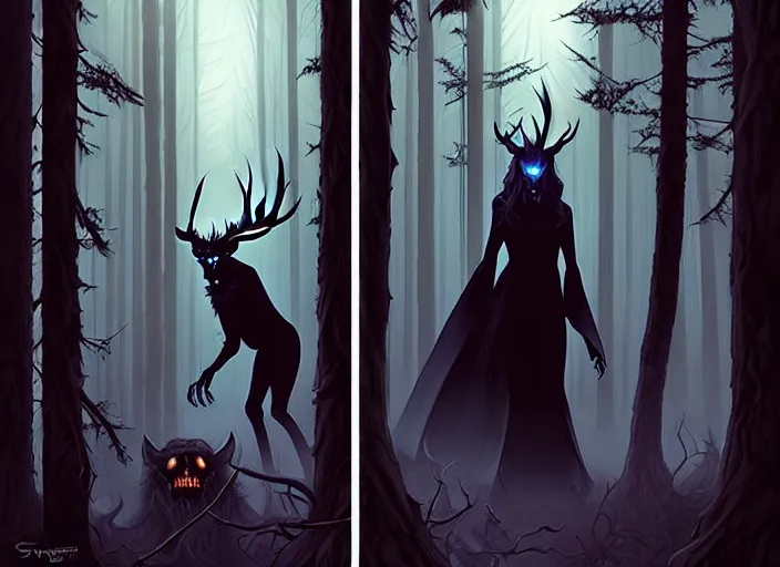 Prompt: style artgerm, joshua middleton, steve niles, diego fazio, marc simonetti : : scary wendigo with antlers and skull face mixed with werewolf : : [ beautiful witch wearing a black dress, symmetrical face, on the right side ] : : in the forest, detailed, dark and foggy, cinematic lighting